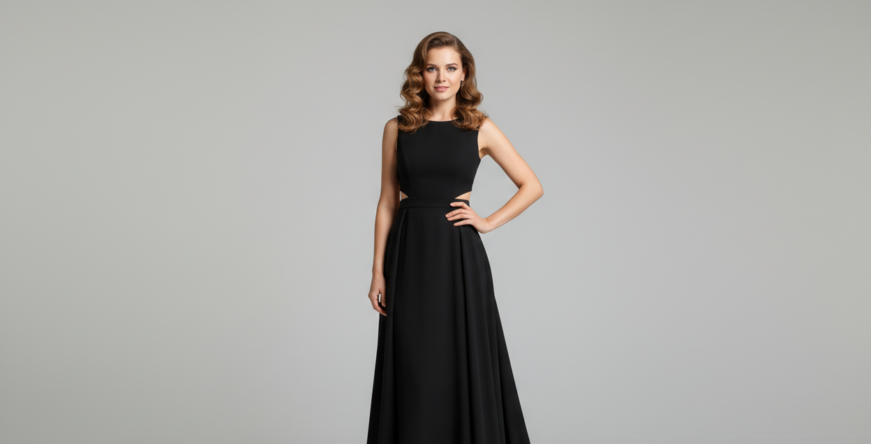 woman model facing camera with face, front fully visible wearing black elegant dress, girl wearing heels, body visible from head to toe, light grey background photo studio